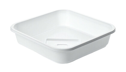 A pristine, white, square plastic container with a drainage feature in center