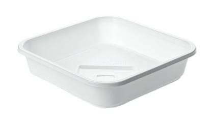 A pristine, white, square plastic container with a drainage feature in center