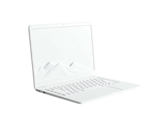 White laptop, screen showing white mountain scene, isolated on black background