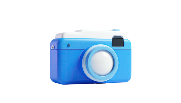A stylized blue and white camera isolated against a black background, 3D rendering - Powered by Adobe