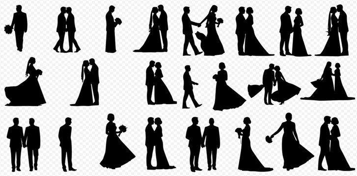 A comprehensive collection of black wedding silhouettes depicting brides, grooms, and couples in various romantic and joyful poses.