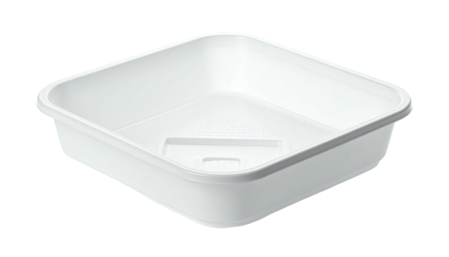 A pristine, white, square plastic container with a drainage feature in center