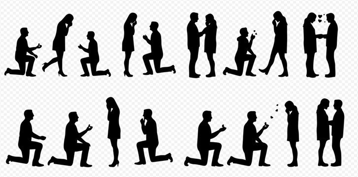 Silhouettes of men proposing to women, depicting various stages of a marriage proposal and romantic embrace.