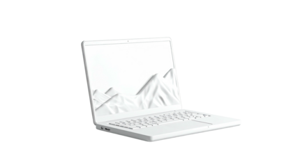 All-white laptop with mountain scene on screen, on black background, modern design