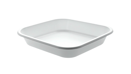 A clean, square-shaped, white plastic tray with rounded edges against a dark background