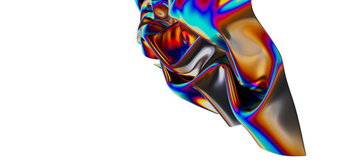 Obraz premium Vibrant, abstract rendering of iridescent metallic fabric in various colors, flowing gracefully against a bright white background. Perfect for d