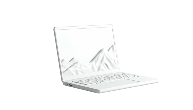 All-white laptop with mountain scene on screen, on black background, modern design