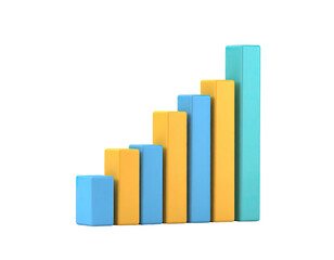 Colorful 3D bar graph shows increasing data, against a black background