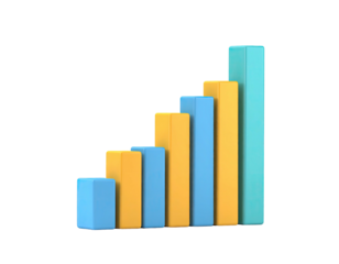 Colorful 3D bar graph shows increasing data, against a black background