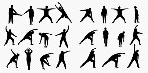 Collection of black silhouettes depicting people performing various stretching and exercise poses, illustrating different dynamic movements for fitness and wellness.