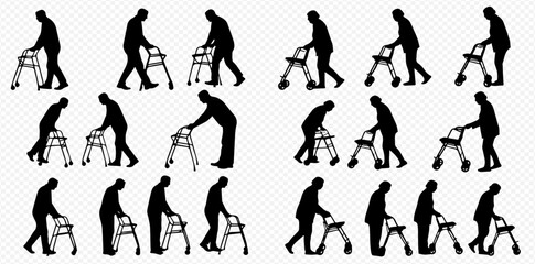 Silhouettes of elderly individuals using walking frames for support and mobility, depicted in various stages of movement.