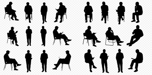 A collection of diverse black silhouettes depicting people standing and sitting in various poses, some interacting with digital devices.