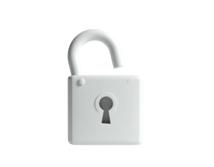 A white padlock, open, on a black background. A symbol of unlocking