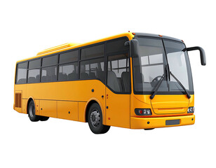 A vibrant yellow coach bus is displayed on a black background, side view