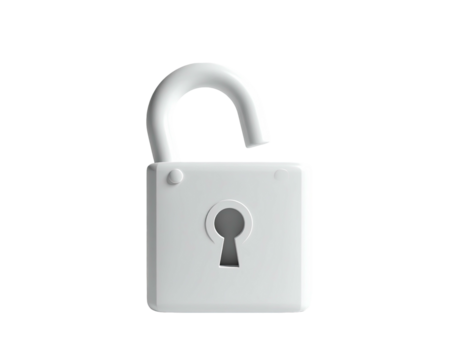 A white padlock, open, on a black background. A symbol of unlocking