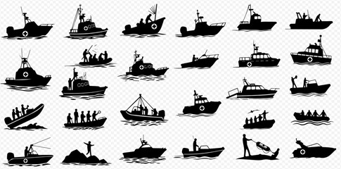 Obraz premium A collection of black silhouette icons depicting various boats and people engaged in water activities like fishing, sailing, and recreation.