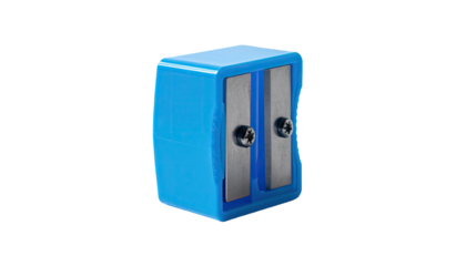 A small, blue plastic pencil sharpener with exposed metal blades on a black background