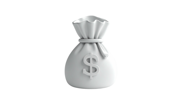 3D render of a tied sack featuring a large dollar sign on the front