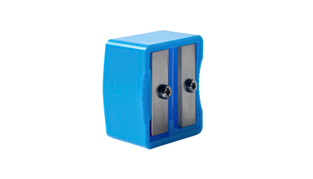 A small, blue plastic pencil sharpener with exposed metal blades on a black background