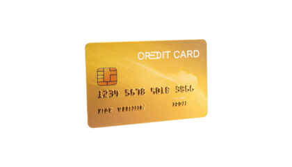 A gold-colored credit card, centered on a black background, showcasing details