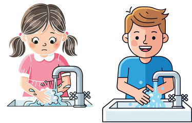 Children washing hands illustration, kids hygiene education, soap and water, healthy habits