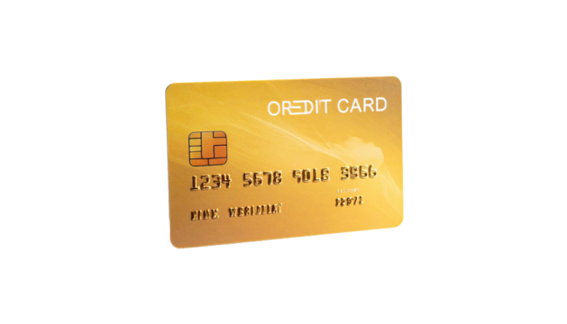 A gold-colored credit card, centered on a black background, showcasing details