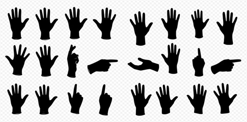 A collection of black hand silhouettes displaying various gestures and poses against a transparent background.
