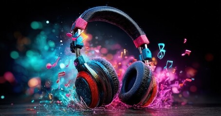 Colorful Abstract Headphones Immersed in Music Notes and Splash Background. Ai Generated Images