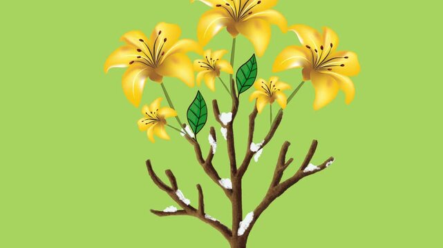 draw tree of yellow lily flower decorate with green leaf on green screen background
