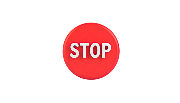 A prominent red circular sign, white letters spelling STOP, set against a black backdrop