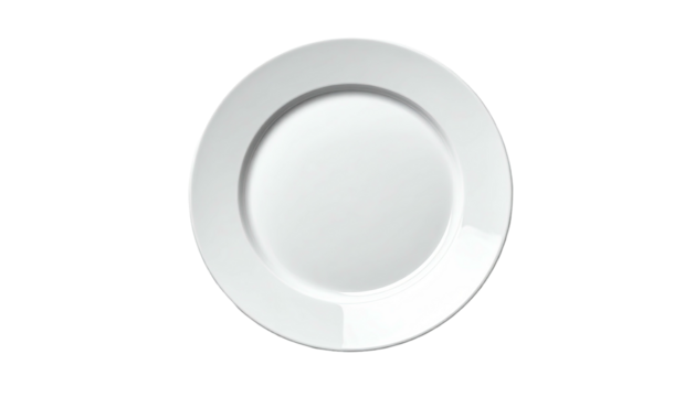 White, circular dish with a rim, centered on a black background, isolated