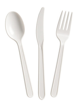Disposable plastic spoon, knife, and fork in focus.