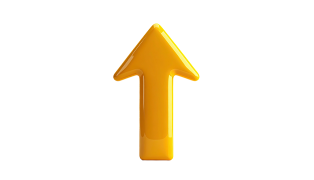 A glossy, gold-colored arrow pointing upwards against a stark black background