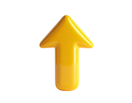 Glossy 3D yellow arrow pointing upwards on a black background, simple & symbolic