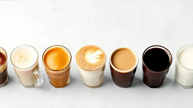 Collage set of different types of coffee in cup: mochaccino, latte, chocolate, cream. Coffee shop menu, good morning concept. Flavored coffee advertising.