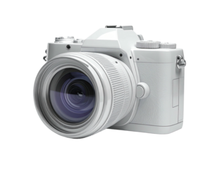 A digitally rendered, all-white camera, with a large lens, against a black background