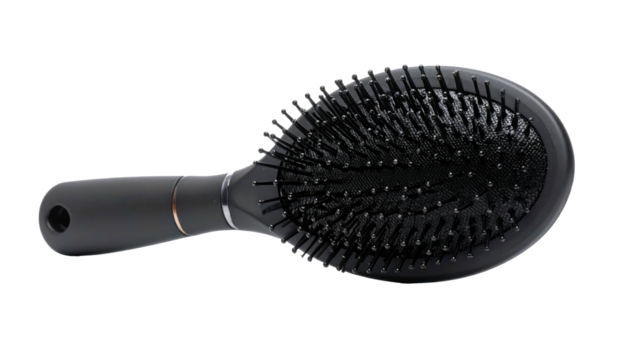 Close-up of a black oval-shaped hair brush with bristles and a handle