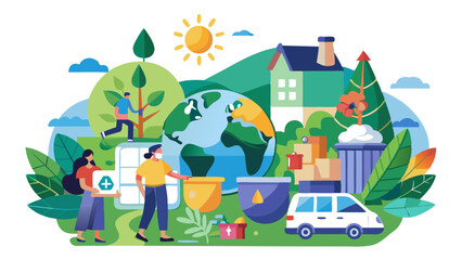 Obraz premium Vector illustration of illustration of people and a globe with recycling bins, a car, and houses, symbolizing environmental protection and sustainability