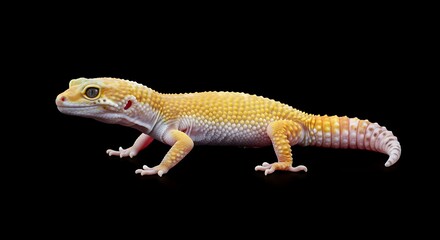Yellow leopard gecko on black background animal portrait studio shot