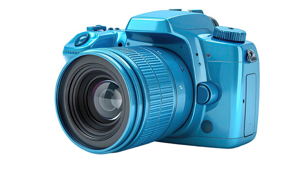 A shiny cyan digital single-lens reflex camera, isolated on a black background