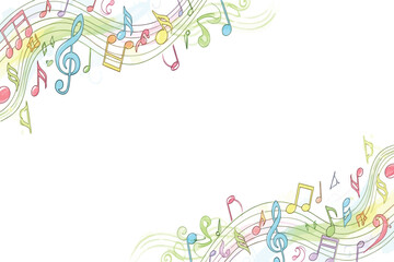 Vector art of a vibrant and whimsical musical background, featuring colorful notes and staff lines creating a joyful and artistic atmosphere