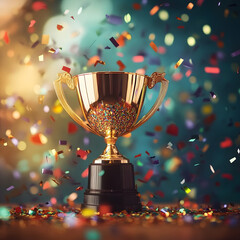 Golden trophy with falling confetti celebrating victory and success