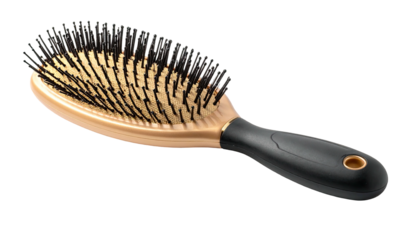 Oval-shaped hair brush with a black handle, golden bristles and a black cushioned pad
