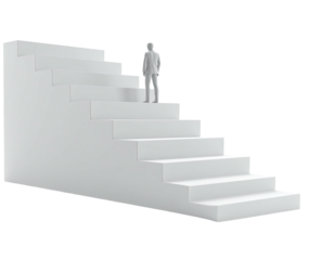 A light gray figure ascends a white staircase