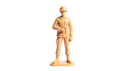 Standing toy soldier figure with rifle, tan-colored, in front of a black background