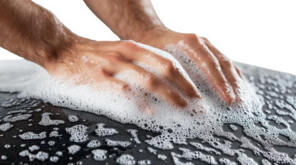 Hands Lathering Foam on Dark Surface on Transparent Background