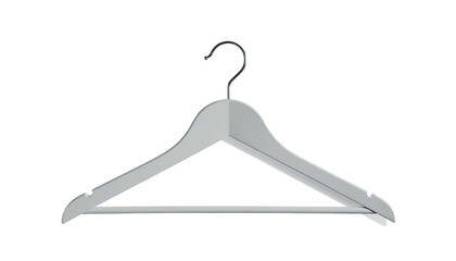A singular gray wooden clothes hanger with a metal hook, isolated on black