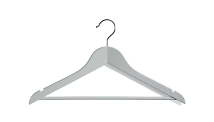 A singular gray wooden clothes hanger with a metal hook, isolated on black