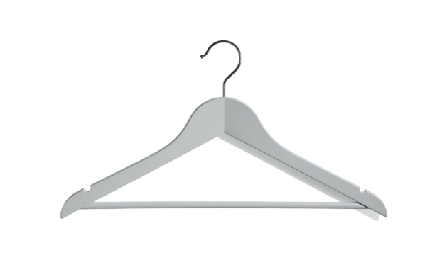 A singular gray wooden clothes hanger with a metal hook, isolated on black