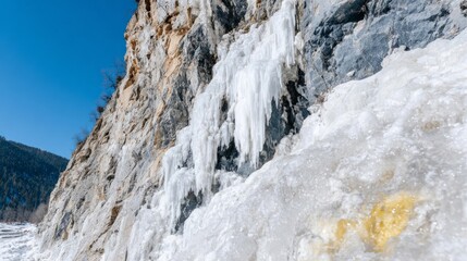 Frozen cascade adorns rugged cliff under azure skies, evoking Winter Solstice mysteries and the enchantment of Sapporo Snow Festival